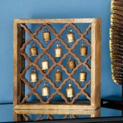 New 😀 DecMode Lattice-Patterned Wooden Wall Decor With Metal Bells 🎁